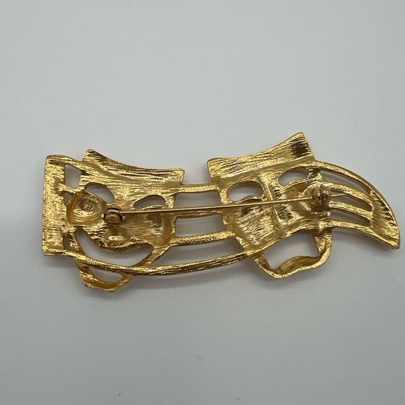 Vintage Gold Tone Theater Mask Brooch – Comedy Tragedy Abstract Art Pin 3” - Picture 2 of 5